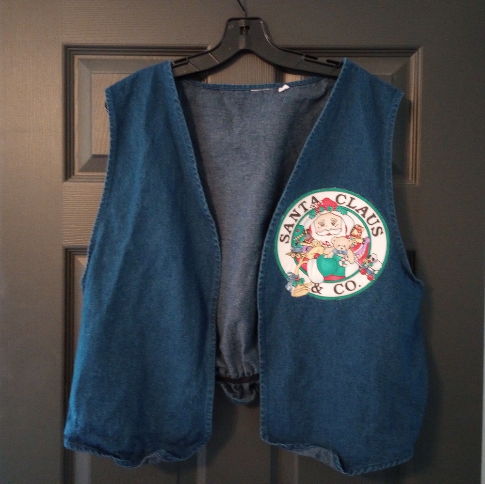 Santa Claus and Co Toy Shop North Pole Retro Denim Jean Vest Ugly Sweater Party